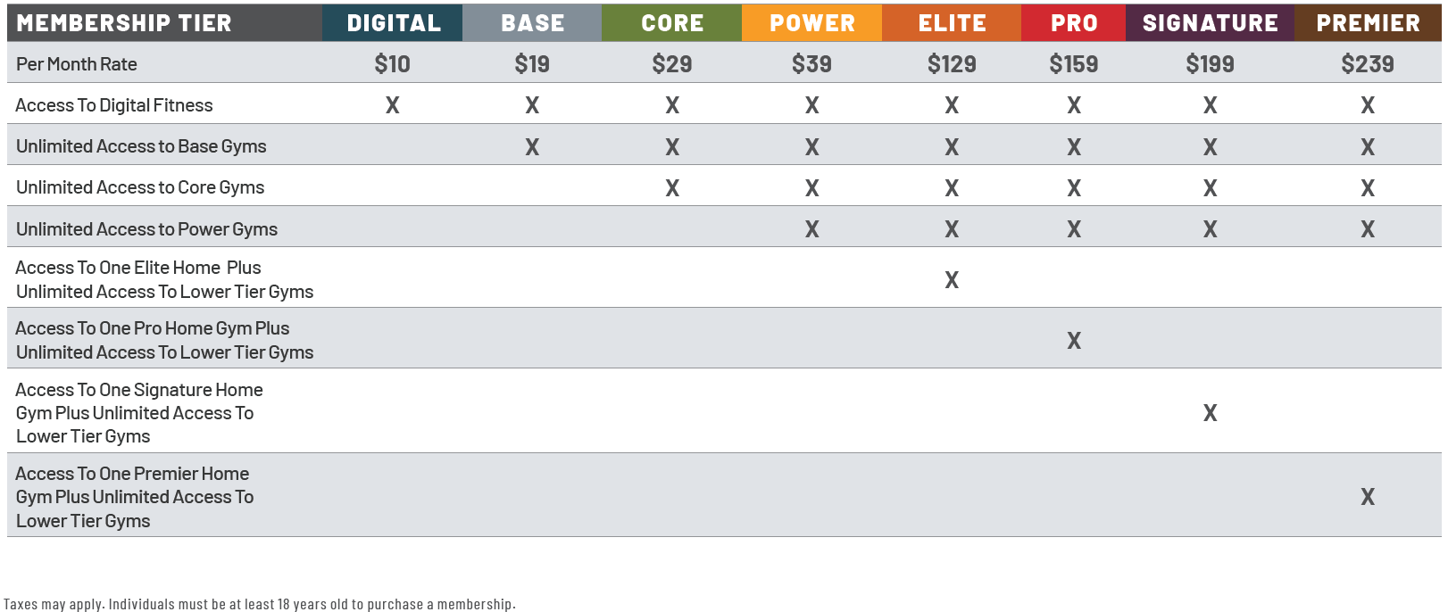 A chart detailing Fitness Program membership tiers.