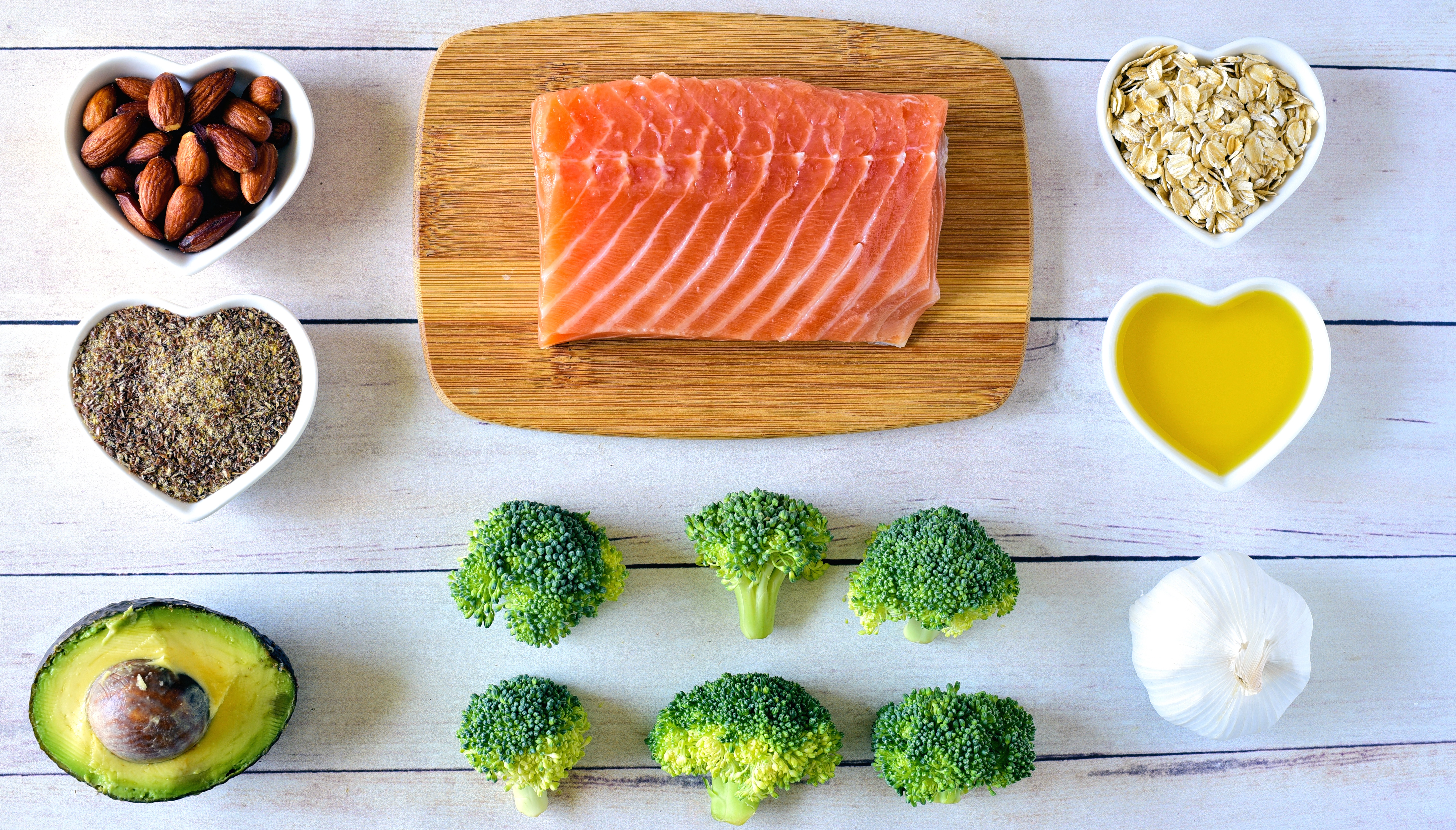 Colorful heart healthy foods arranged on a table