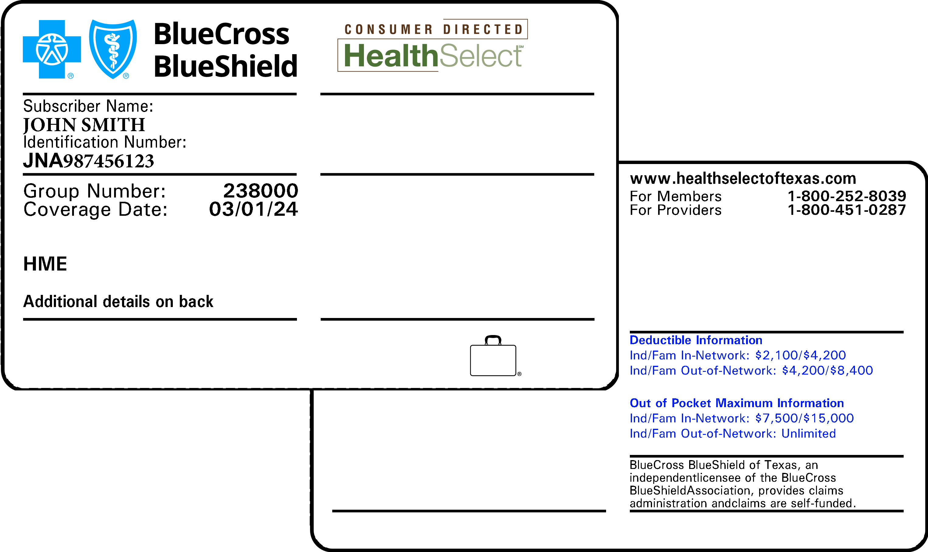 Aspectos básicos de la tarjeta de asegurado HealthSelect of Texas Blue Cross and Blue Shield